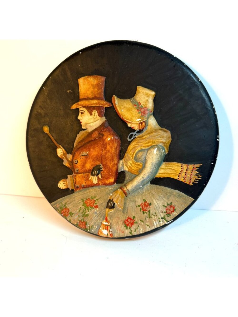 Vintage Hand Painted Folk Art Wall Plaque Victorian Couple Horse Carriage Round